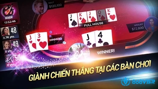 Giao diện trực quan của game ông trùm poker với đầy đủ nút điều khiển, tính năng chat, biểu cảm và thống kê đối thủ