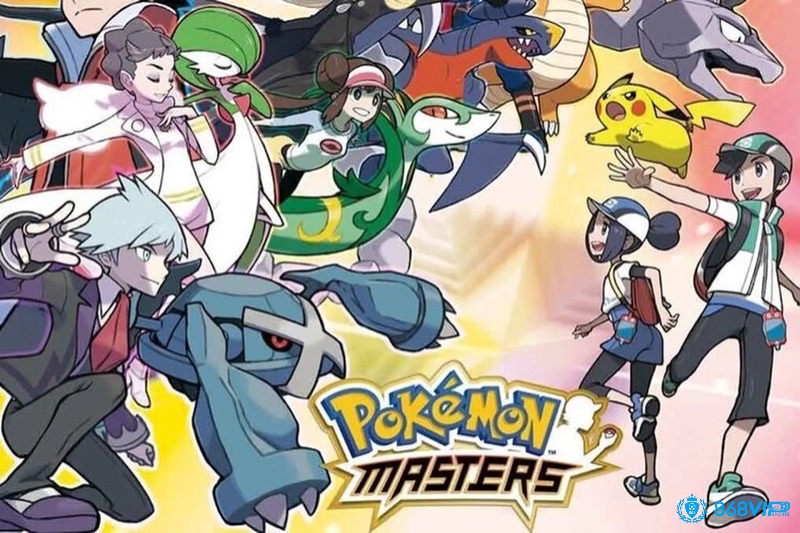 Giao diện chiến đấu 3v3 trong Pokemon Masters EX với các Huấn luyện viên huyền thoại và đồ họa 3D sống động