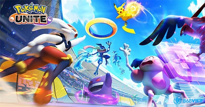 Trận đấu 5v5 sôi động trong Pokemon Unite với các Pokemon đảm nhận vai trò chiến thuật khác nhau trên bản đồ MOBA
