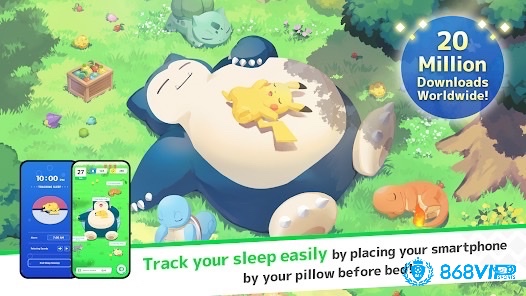 Giao diện buổi sáng trong Pokemon Sleep với các Pokemon xuất hiện quanh Snorlax, phản ánh kiểu giấc ngủ của người chơi