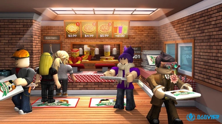 Người chơi hóa thân thành nhân viên cửa hàng pizza trong Work at a Pizza Place, game Roblox đề cao tinh thần teamwork