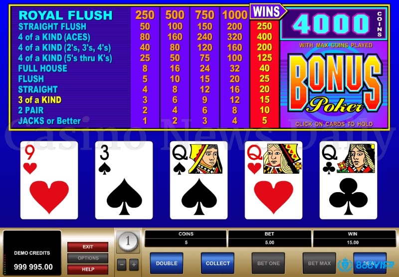 Bonus và Double Bonus Poker thu hút người chơi với phần thưởng cao cho các tay tứ quý.