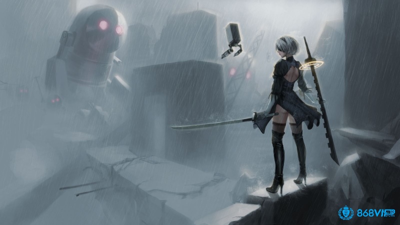 Các android và máy móc trong game NieR: Automata tìm kiếm ý nghĩa của sự sống và bản ngã trong thế giới hoang tàn.