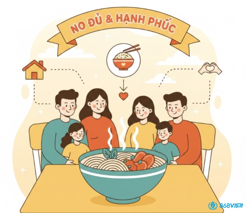 Gia đình quây quần bên tô bún phở ấm cúng, biểu tượng cho sự sung túc và hạnh phúc