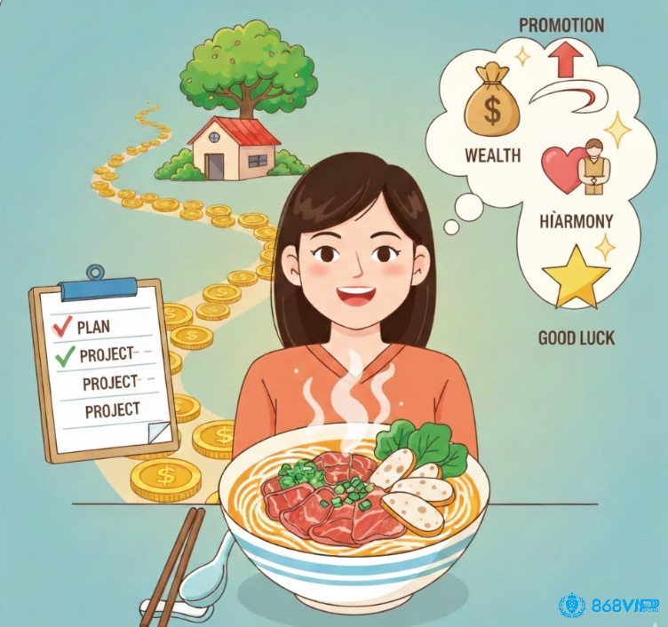 Người phụ nữ trẻ mỉm cười hài lòng bên tô bún phở, thể hiện sự may mắn và tài lộc sắp tới