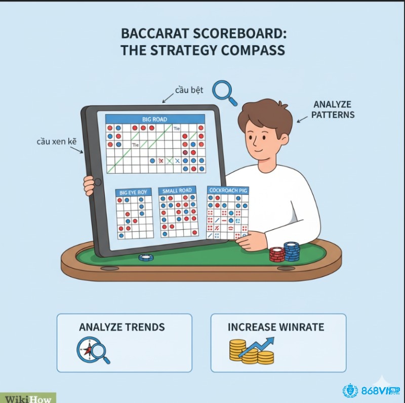 Người chơi Baccarat phân biệt, các loại bảng kết quả (Big Road, Big Eye Boy, Small Road, Cockroach Pig) để tìm ra xu hướng