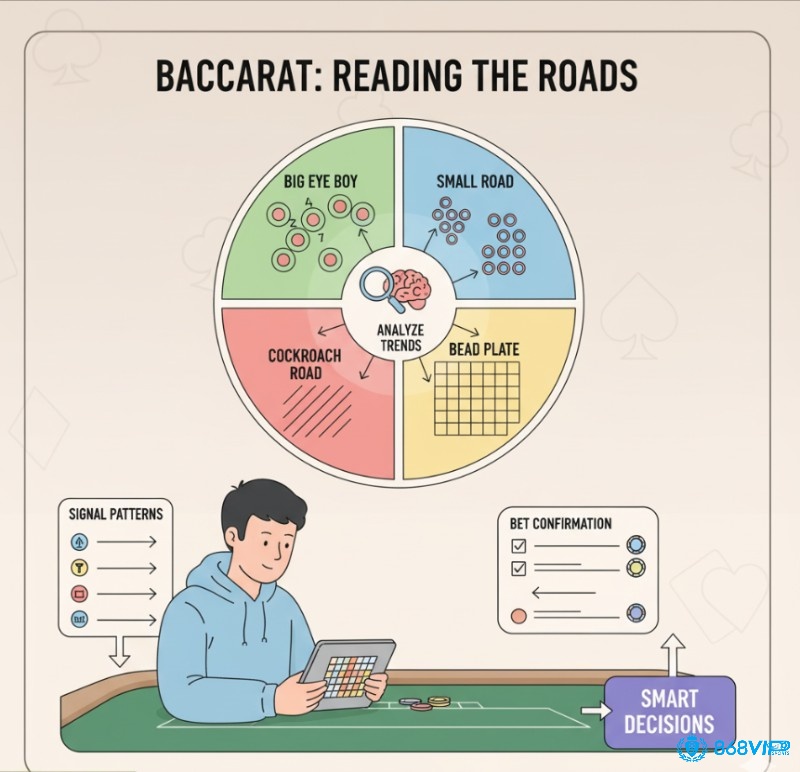Người chơi Baccarat phân tích các bảng phụ (Predictive Roads) để nhận diện xu hướng và đưa ra quyết định đặt cược thông minh