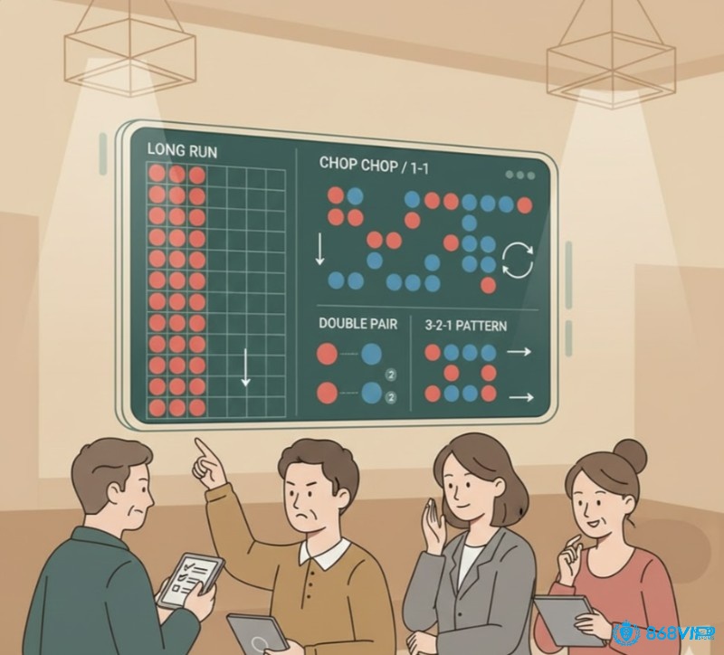 Người chơi Baccarat nhận diện các xu hướng cầu (bệt, xen kẽ) từ bảng Big Road để đặt cược