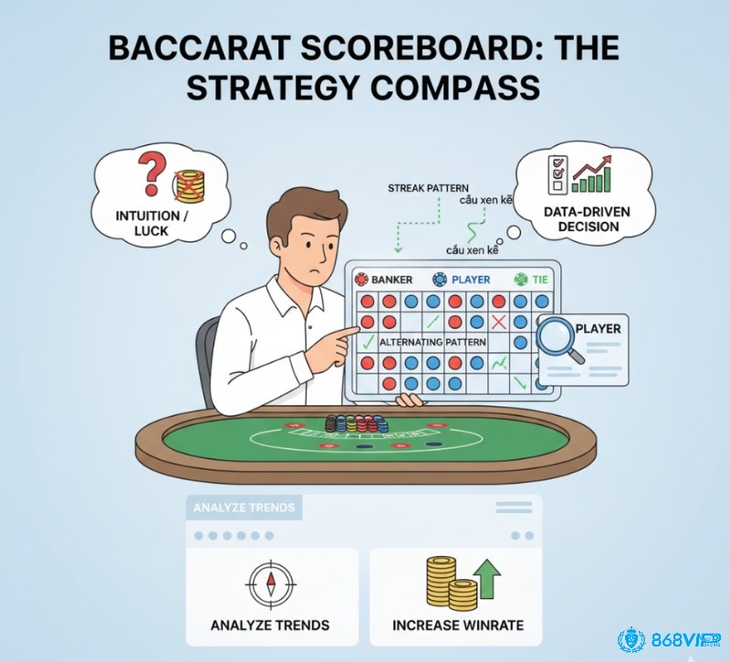 Người chơi Baccarat phân tích bảng kết quả để dự đoán xu hướng và đưa ra quyết định đặt cược có cơ sở