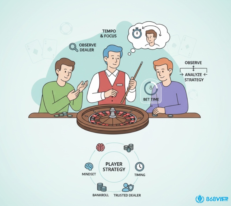 Người chơi roulette quan sát dealer và thời gian đặt cược để điều chỉnh chiến lược, nâng cao trải nghiệm