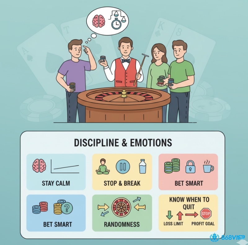 Người chơi roulette duy trì bình tĩnh, kiểm soát cảm xúc, tránh cược quá mức để giữ vững phong độ