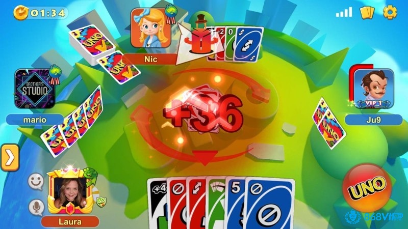 UNO trên Facebook giữ nguyên sự kịch tính và vui nhộn của bản bài vật lý, lại dễ rủ bạn bè vào chơi cùng