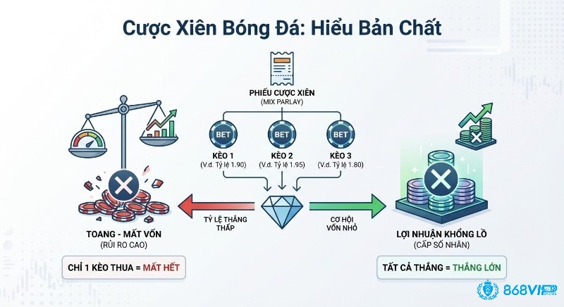 Giải thích bản chất cược xiên bóng đá: rủi ro mất hết vốn khi một kèo thua và lợi nhuận cấp số nhân nếu tất cả kèo thắng