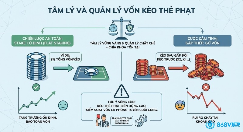Bảng so sánh quản lý vốn kèo handicap thẻ phạt: flat staking giúp tăng trưởng ổn định, tránh tâm lý gỡ vốn, gấp thếp dễ cháy tài khoản