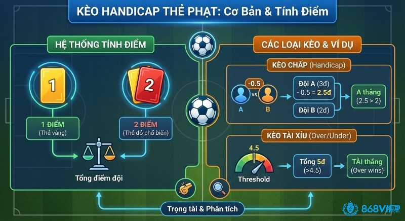 Tổng quan kèo handicap thẻ phạt, giải thích cơ chế tính điểm thẻ vàng 1, thẻ đỏ 2 và ví dụ cụ thể về kèo chấp, tài xỉu