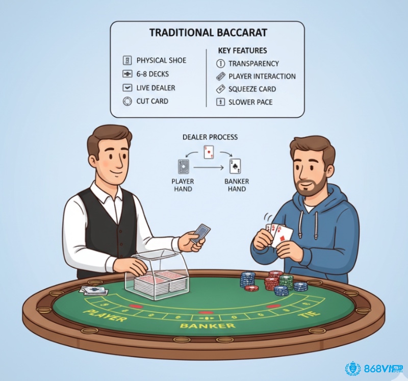 Người chơi Baccarat truyền thống tương tác với Shoe vật lý và dealer chia bài trực tiếp