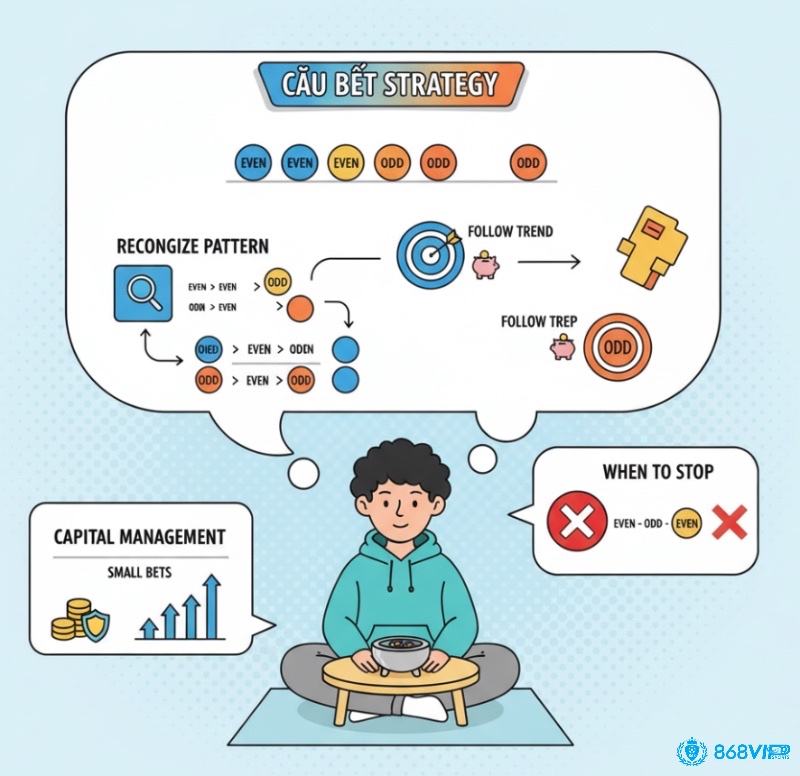 Người chơi tài xỉu áp dụng chiến thuật "Cầu Bệt" để đi theo xu hướng kết quả chẵn hoặc lẻ kéo dài, quản lý vốn cược hiệu quả