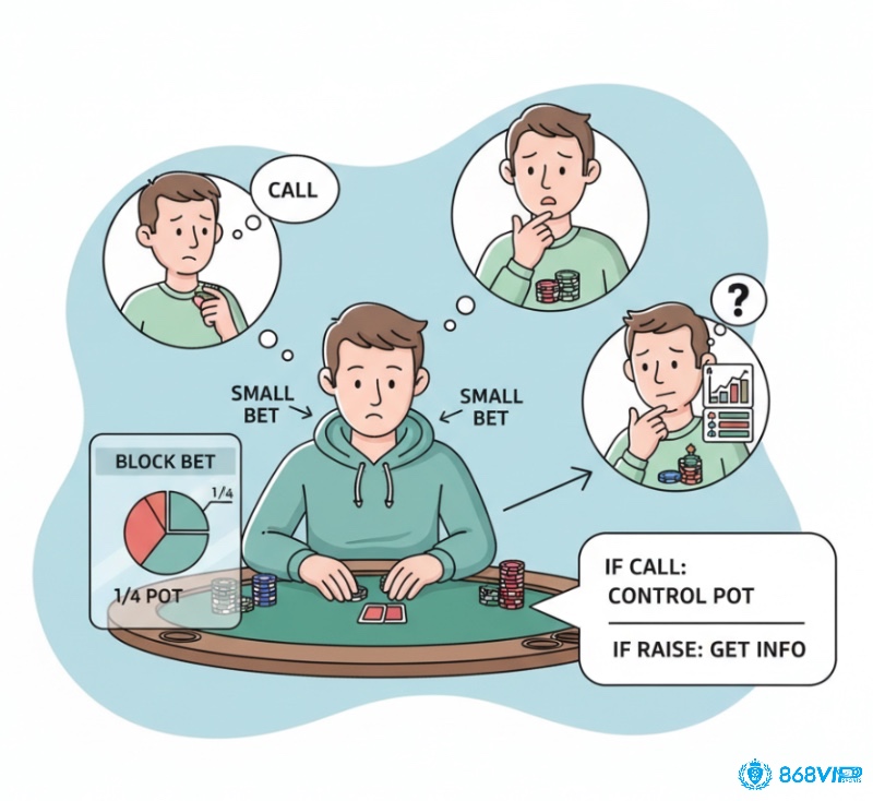 Người chơi poker sử dụng kỹ thuật cược chặn (block bet) để kiểm soát pot và thu thêm giá trị