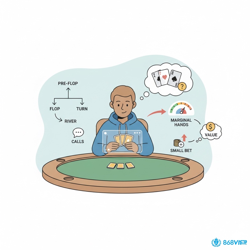 Người chơi poker phân tích hành vi đối thủ và tình huống bàn chơi để nhận diện cơ hội "thin value bet"
