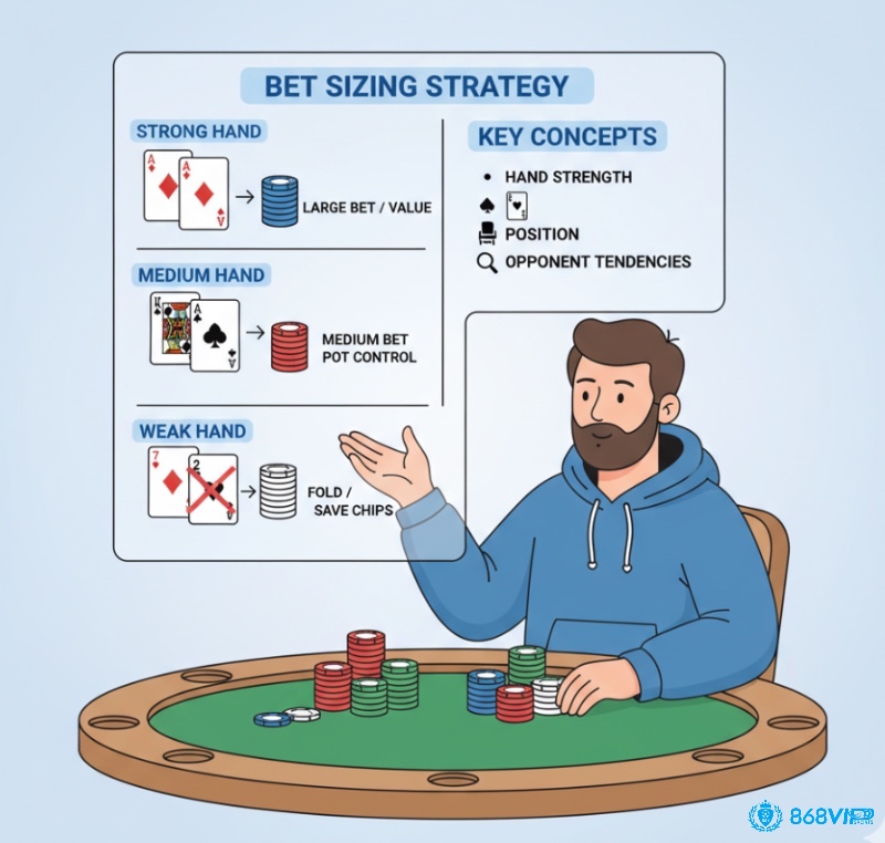 Người chơi Poker quyết định kích thước cược dựa trên sức mạnh tương đối của bài và thứ tự bài