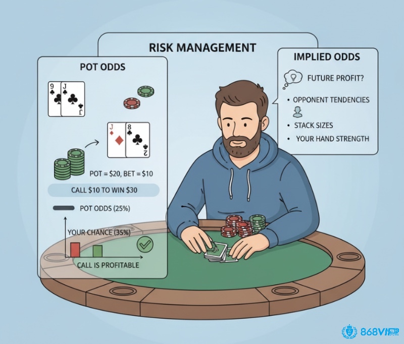 Người chơi Poker tính toán Pot Odds và Implied Odds dựa trên thứ tự bài và xác suất