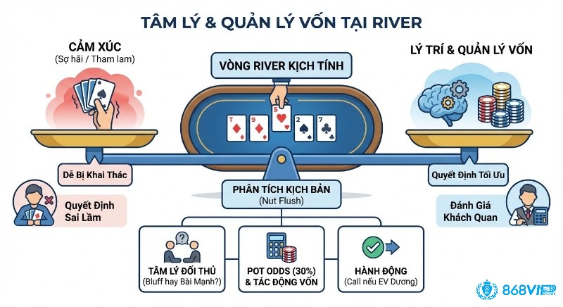 Sơ đồ phân tích chiến lược kiểm soát tâm lý và quản lý vốn tại River, cân bằng cảm xúc với lý trí để ra quyết định tối ưu dựa trên pot odds và EV dương