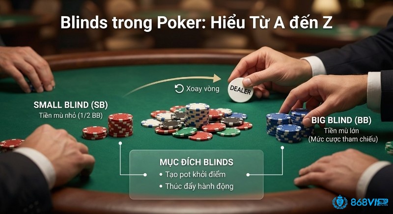 Minh họa hệ thống Blinds trong Poker là gì, chỉ rõ vị trí Small Blind (SB), Big Blind (BB), Dealer Button và mục đích tạo pot, thúc đẩy hành động