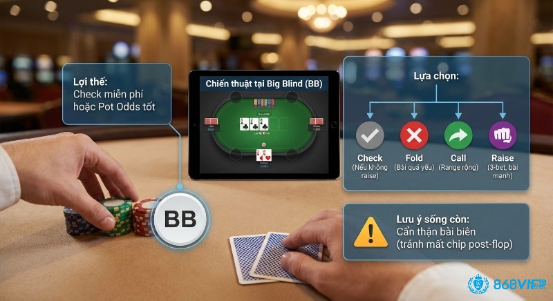 Sơ đồ chiến thuật chơi pre-flop hiệu quả ở Big Blind (BB) trong poker, hướng dẫn lợi thế, lựa chọn Check, Fold, Call, Raise và lưu ý sống còn