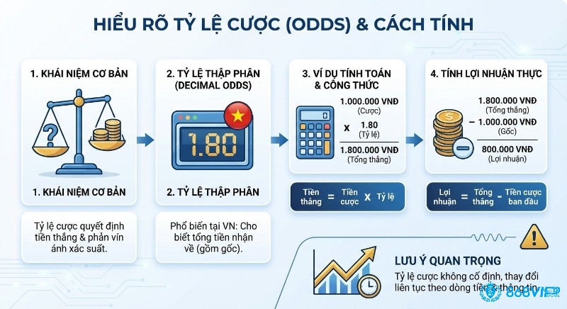 Sơ đồ giải thích tỷ lệ cược cơ bản, cách tính tiền thắng, lợi nhuận từ tiền cược ban đầu và yếu tố biến động kèo trong cách tính tiền kèo bóng đá