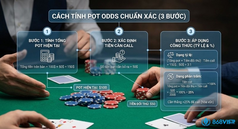 Quy trình 3 bước tính Pot Odds chuẩn xác trong Poker, minh họa ví dụ thực tế với pot $100 và bet $50