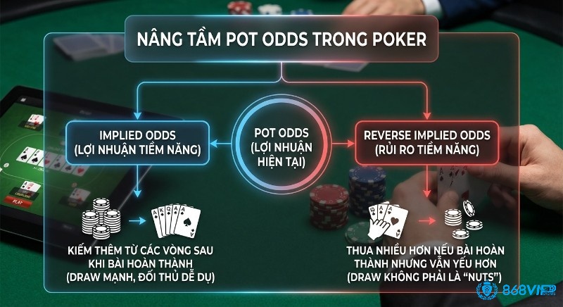 Sơ đồ trực quan giúp làm rõ cách mở rộng Pot Odds thông qua Implied Odds và Reverse Implied Odds trong Poker, từ đó hỗ trợ người chơi đánh giá chính xác rủi ro – lợi nhuận và tối ưu quyết định đặt cược