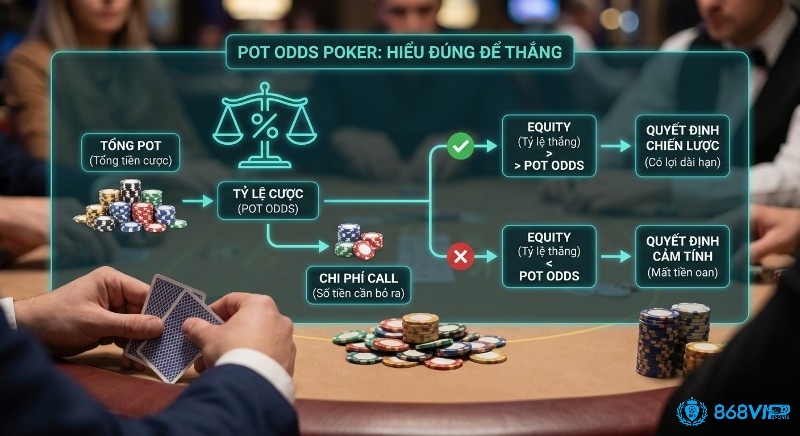 Sơ đồ hướng dẫn tính toán Pot Odds Poker và so sánh Equity giúp người chơi đưa ra quyết định chiến lược, tránh mất tiền oan trong pot odds poker là gì