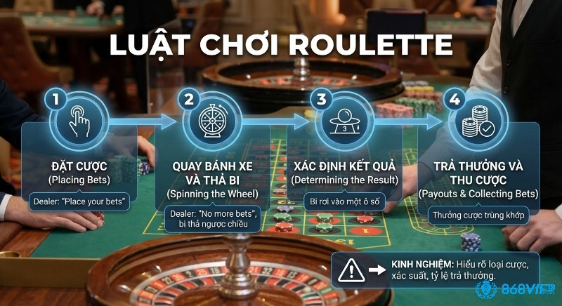 Sơ đồ 4 bước luật chơi Roulette là gì, từ đặt cược, quay bánh xe, xác định kết quả đến trả thưởng và kinh nghiệm hiểu tỷ lệ