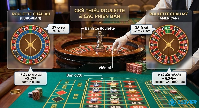 Bảng so sánh cấu tạo và các phiên bản Roulette Châu Âu và Châu Mỹ, minh họa bánh xe, bàn cược, khác biệt ô số 0 và tỷ lệ biên nhà cái.