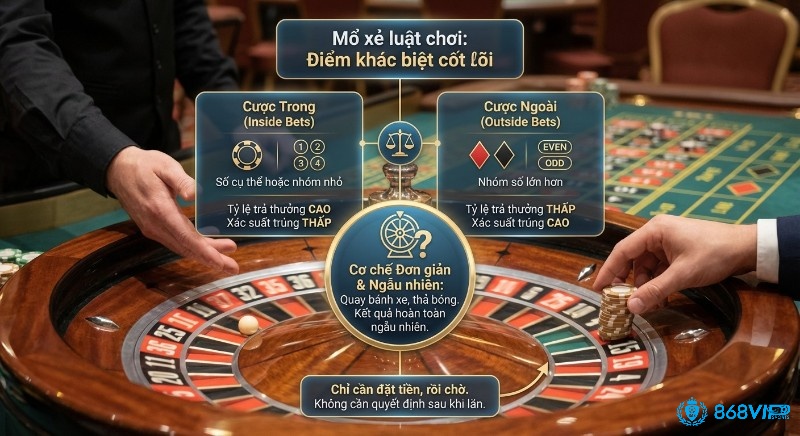Sơ đồ phân tích luật chơi Roulette, nêu bật điểm khác biệt cốt lõi giữa Cược Trong, Cược Ngoài và cơ chế ngẫu nhiên