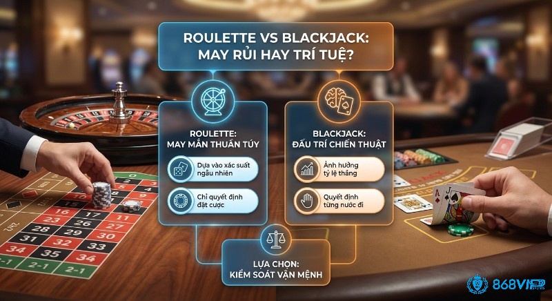 Sơ đồ so sánh Roulette vs Blackjack giúp lựa chọn kiểm soát vận mệnh