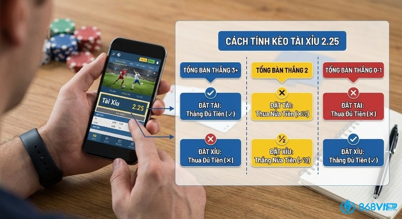 Bảng hướng dẫn tính thắng thua kèo Tài Xỉu 2.25 theo tổng bàn thắng 0-1, 2 và 3+ giúp người chơi dễ hiểu kết quả cược