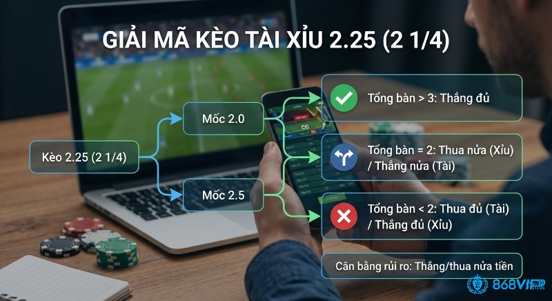 Sơ đồ giải mã kèo Tài Xỉu 2.25 (2 1/4) chi tiết, phân tích các mốc tổng bàn thắng và trường hợp thắng thua nửa tiền trong tài xỉu 2.25 là gì