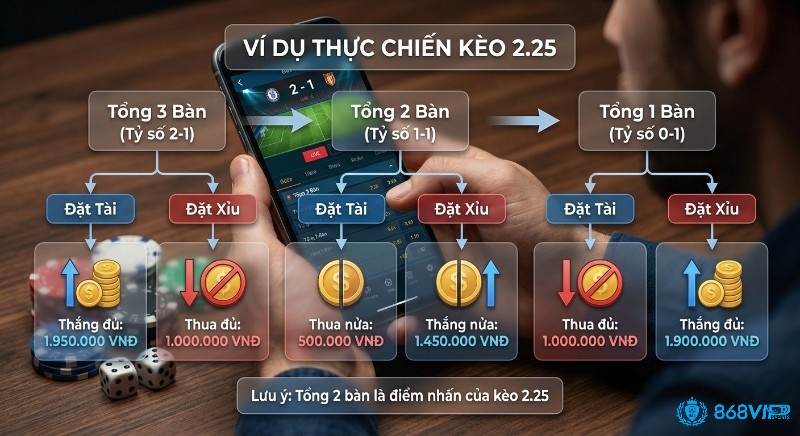 Sơ đồ kèo Tài Xỉu 2.25 giúp làm rõ cách tính ăn đủ – ăn nửa – thua nửa theo tổng bàn thắng, đặc biệt khi trận đấu kết thúc với đúng 2 bàn