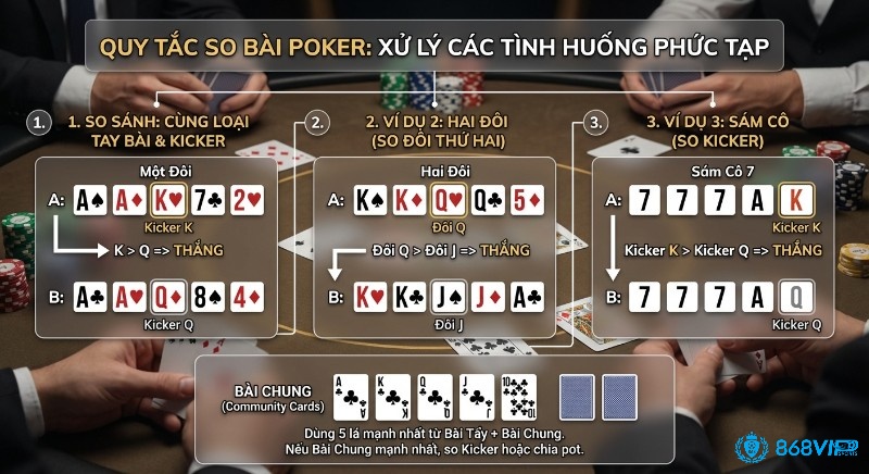 Bảng minh họa quy tắc so bài Poker khi xử lý tình huống phức tạp, tập trung vào kicker và đôi phụ qua 3 ví dụ thực tế