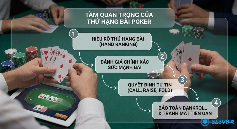 Sơ đồ giải thích tầm quan trọng, của thứ hạng bài Poker (Hand Ranking), dẫn tới đánh giá đúng sức mạnh và quyết định tự tin, bảo toàn bankroll