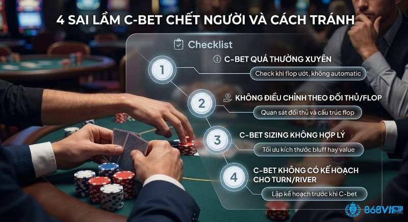 Checklist 4 sai lầm C-bet chết người trong poker cùng cách phòng tránh hiệu quả giúp tối ưu chiến thuật chơi
