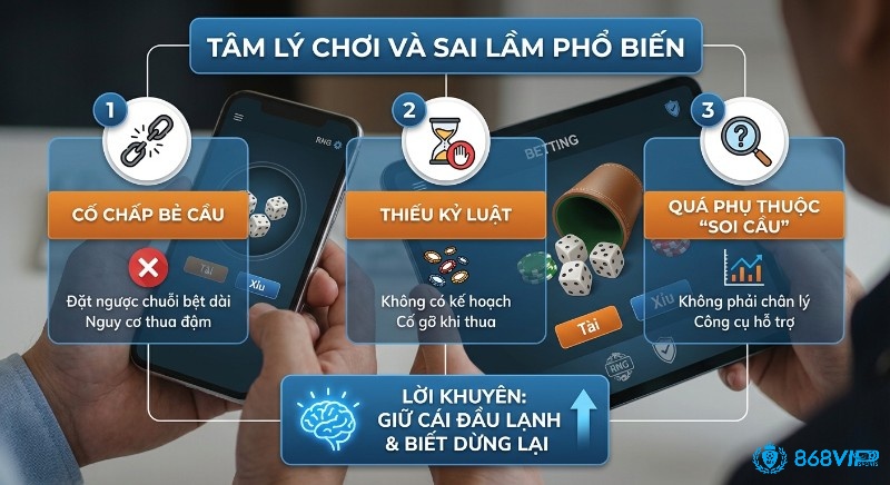 Tổng hợp 3 sai lầm tâm lý chơi Tài Xỉu phổ biến: cố chấp bẻ cầu, thiếu kỷ luật, quá phụ thuộc soi cầu và lời khuyên giữ cái đầu lạnh