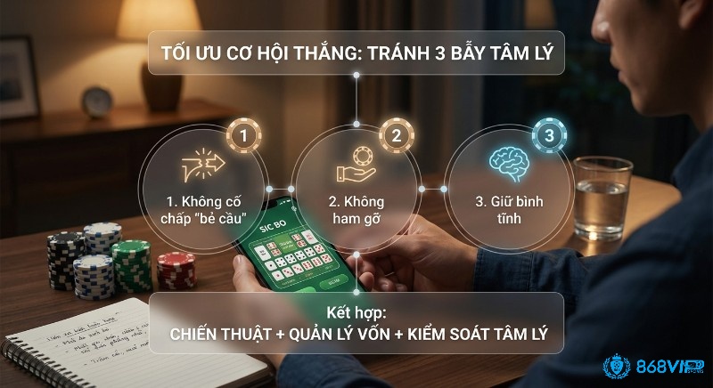 Checklist 3 mẹo tâm lý tối ưu cơ hội thắng: không cố chấp bẻ cầu, không ham gỡ, giữ bình tĩnh, kết hợp quản lý vốn