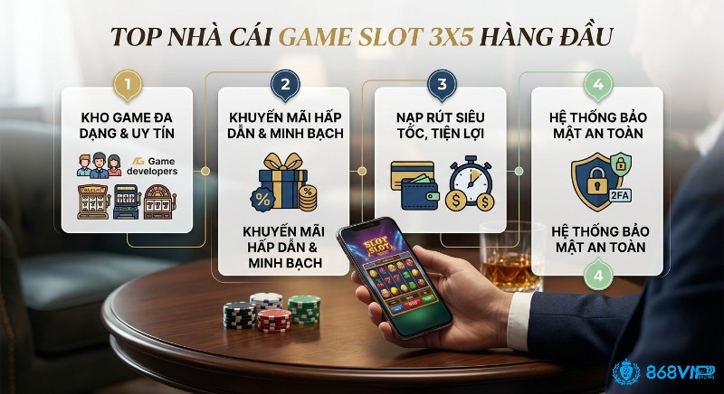 Tổng quan 4 tiêu chí lựa chọn nhà cái game slot 3 hàng 5 cột hàng đầu gồm game uy tín, khuyến mãi, nạp rút siêu tốc, bảo mật an toàn