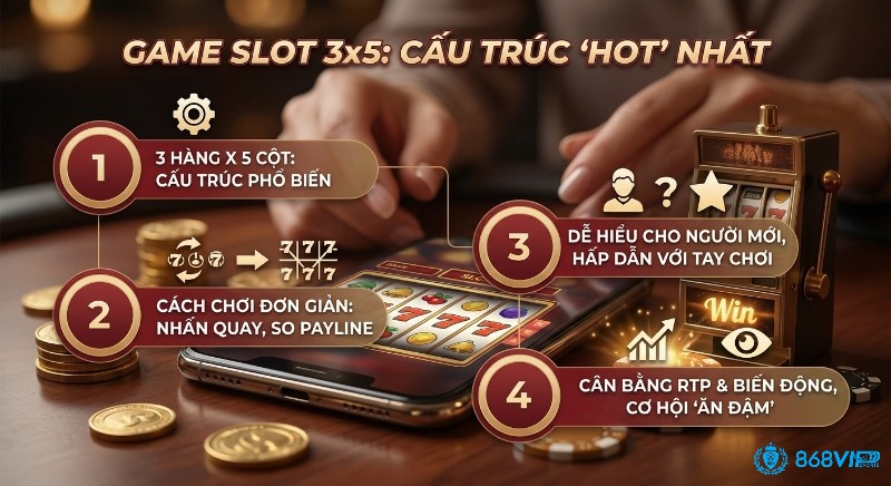 Giải thích chi tiết game slot 3 hàng 5 cột cấu trúc phổ biến, dễ chơi, cân bằng RTP, biến động mang lại cơ hội ăn đậm