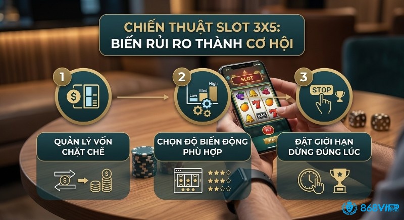Quy trình 3 bước chiến thuật chơi slot 3x5 giúp biến rủi ro thành cơ hội: quản lý vốn, chọn độ biến động và dừng đúng lúc