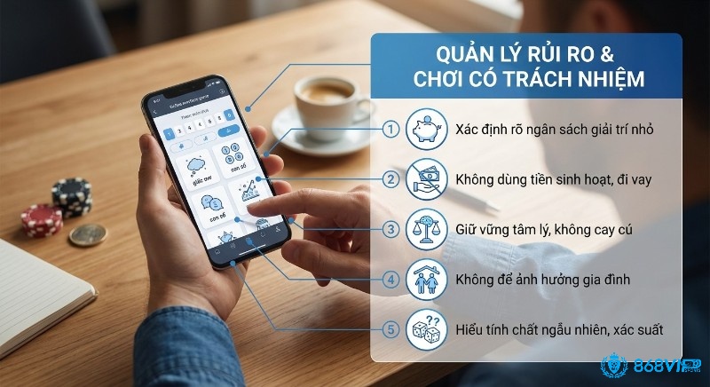 Checklist Quản lý rủi ro & chơi có trách nhiệm gồm 5 nguyên tắc từ xác định ngân sách đến hiểu xác suất, đảm bảo trải nghiệm giải trí lành mạnh