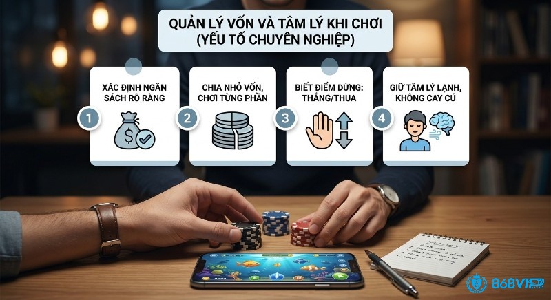Quy trình 4 bước quản lý vốn và tâm lý chơi chuyên nghiệp trong game bắn cá, bao gồm xác định ngân sách, chia nhỏ vốn, biết điểm dừng và giữ cái đầu lạnh