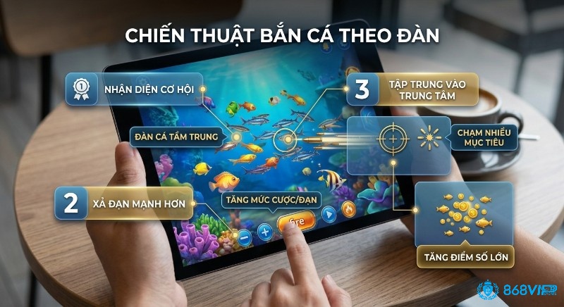 Quy trình 3 bước chiến thuật bắn cá theo đàn, tận dụng combo và dứt điểm nhiều con bằng cách nhắm vào trung tâm để tăng điểm số lớn